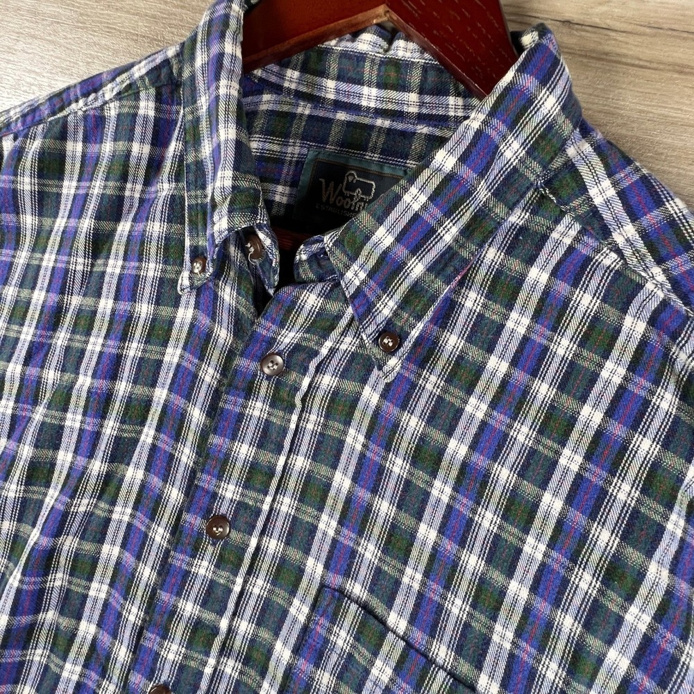 Woolrich Mens Large Blue Green Plaid Flannel Button Down Shirt Cotton L/S
